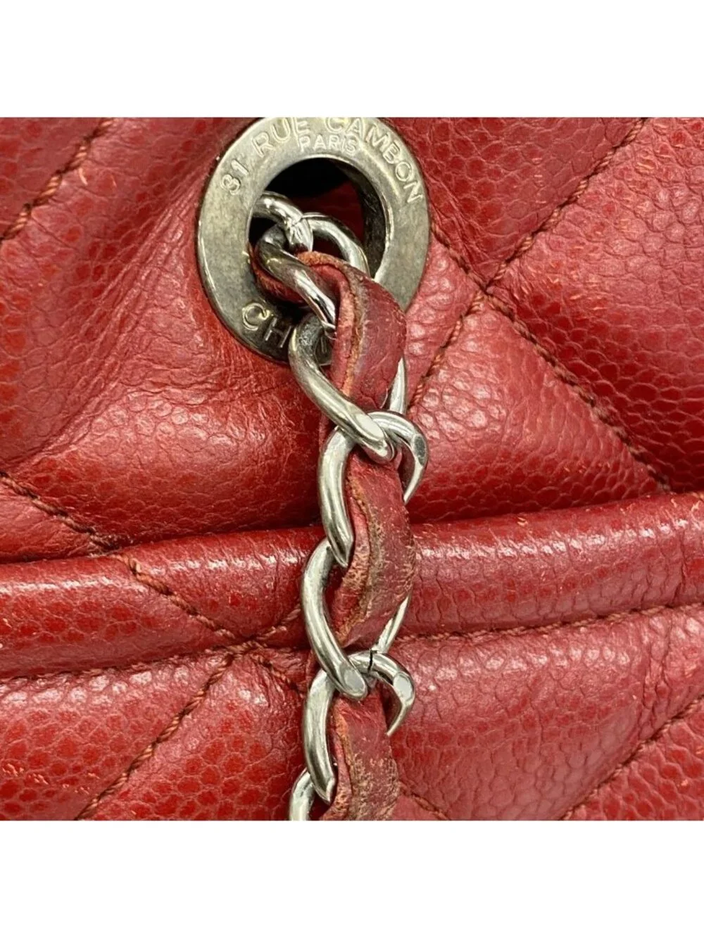 Chanel Chain Tote Quilted Caviar Leather Red Silver